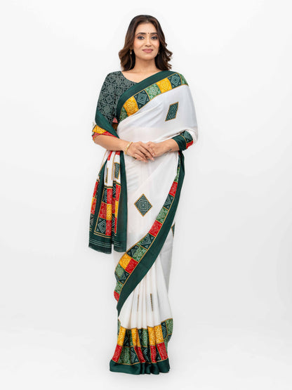 White With Green Art Silk Saree