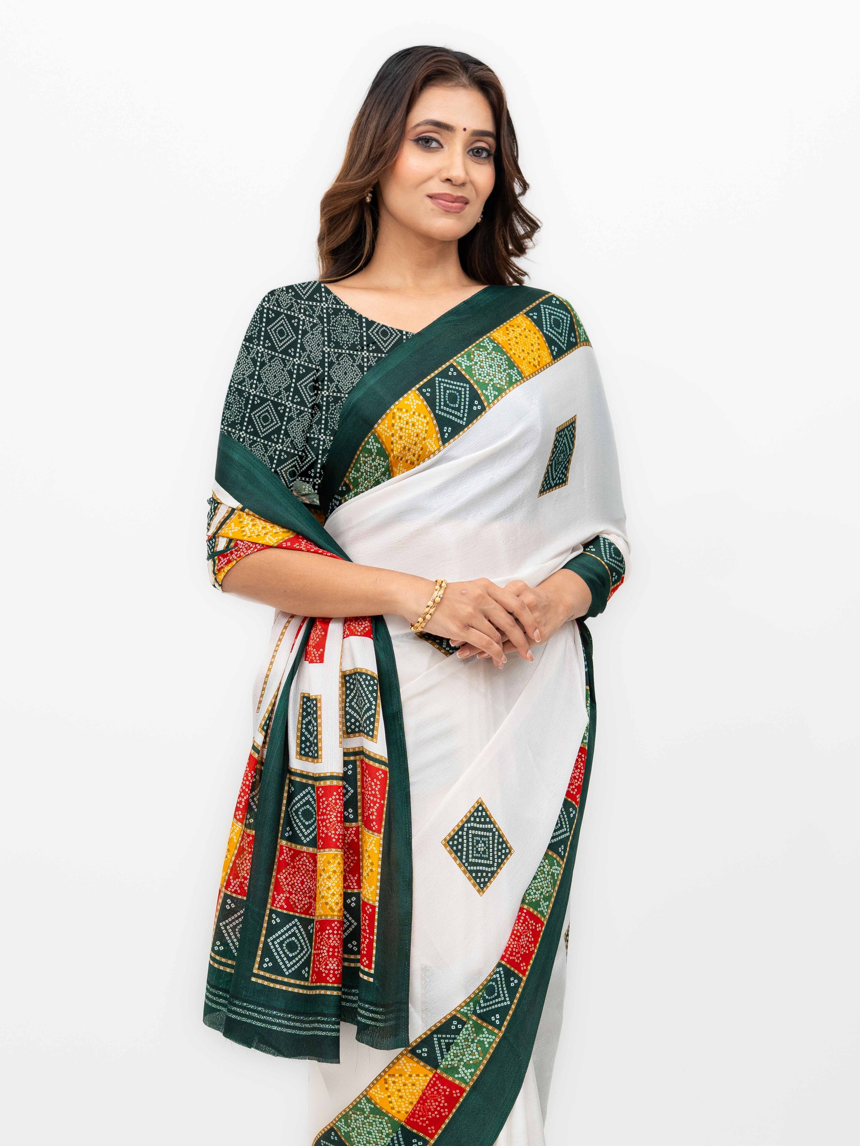 White With Green Art Silk Saree