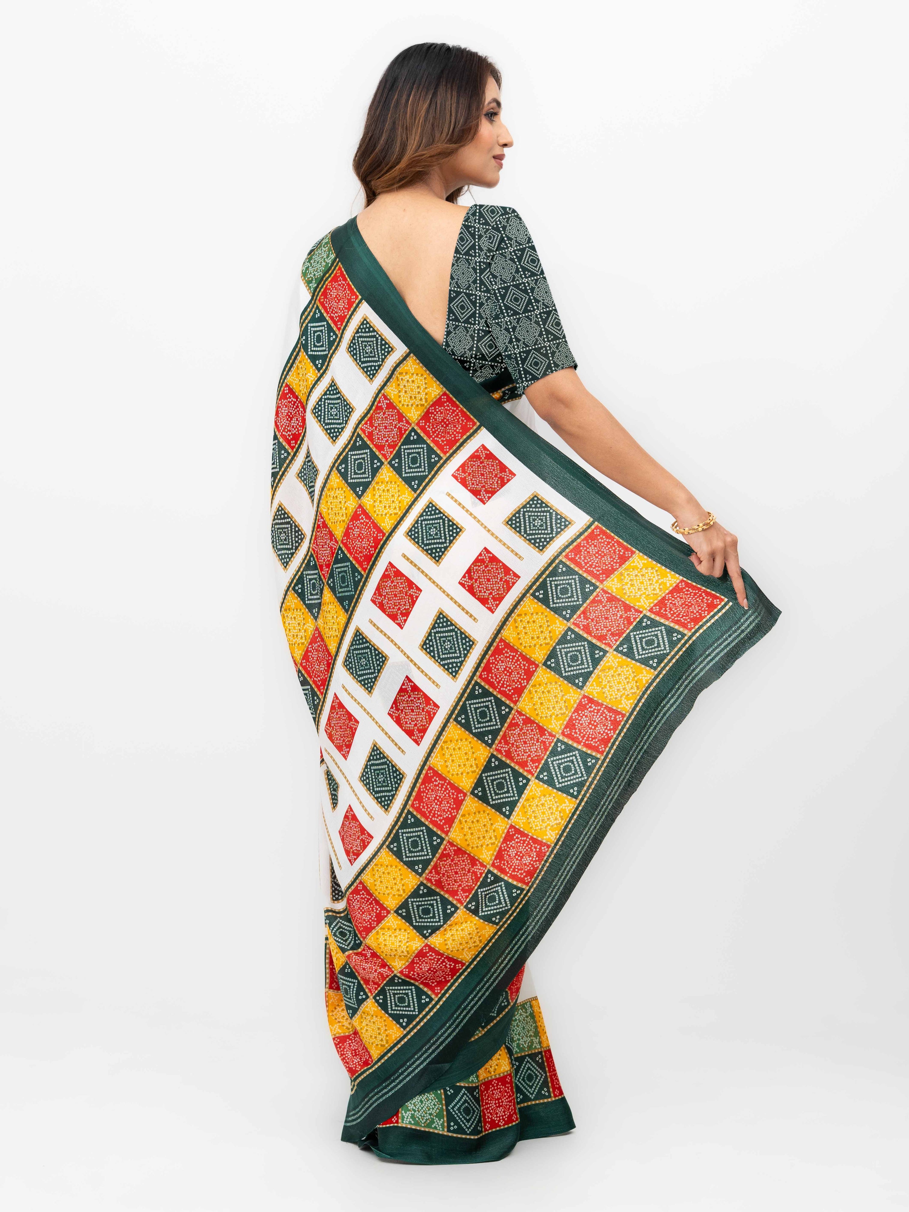 White With Green Art Silk Saree