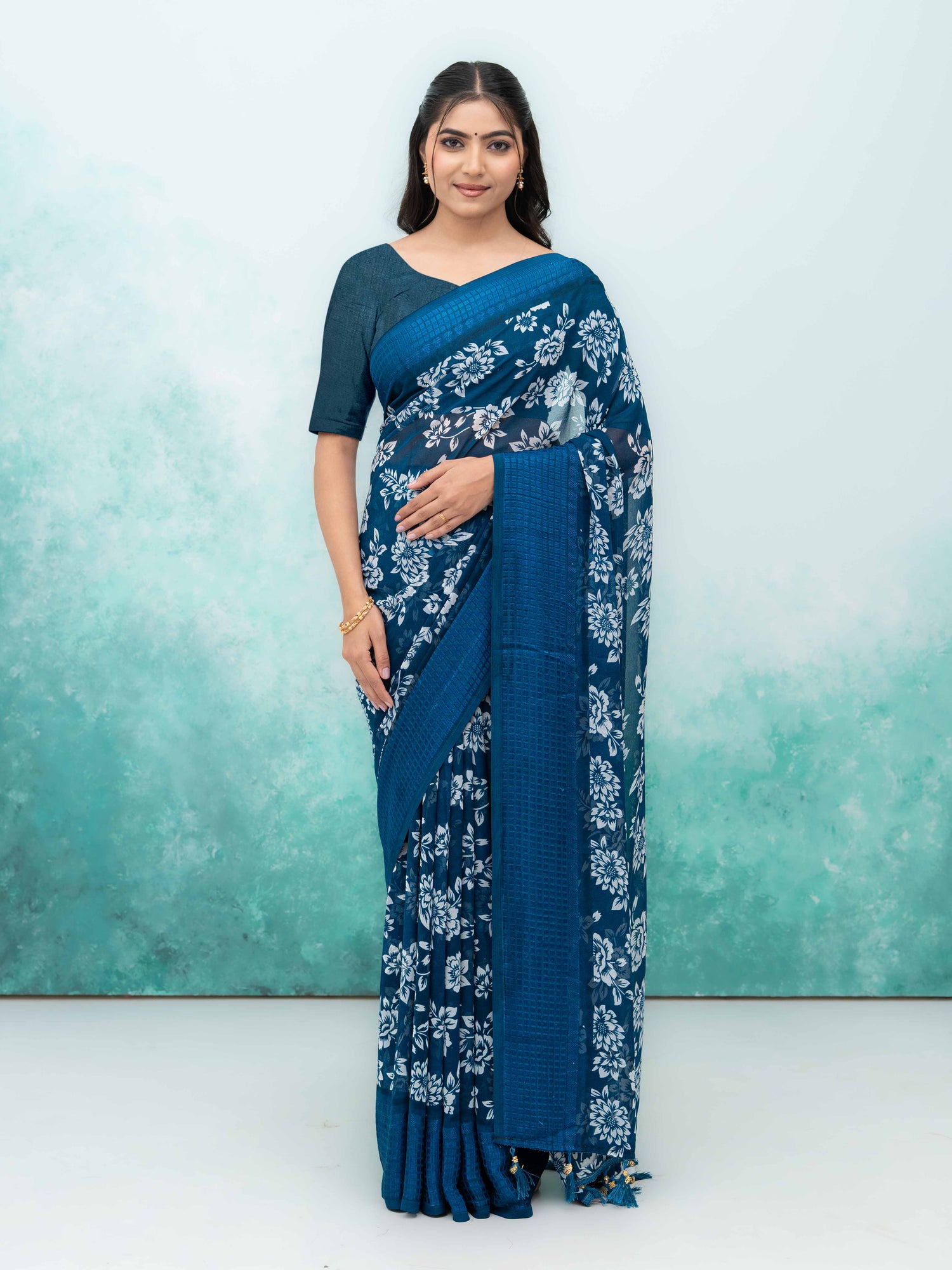 Teal Blue Georgette Saree