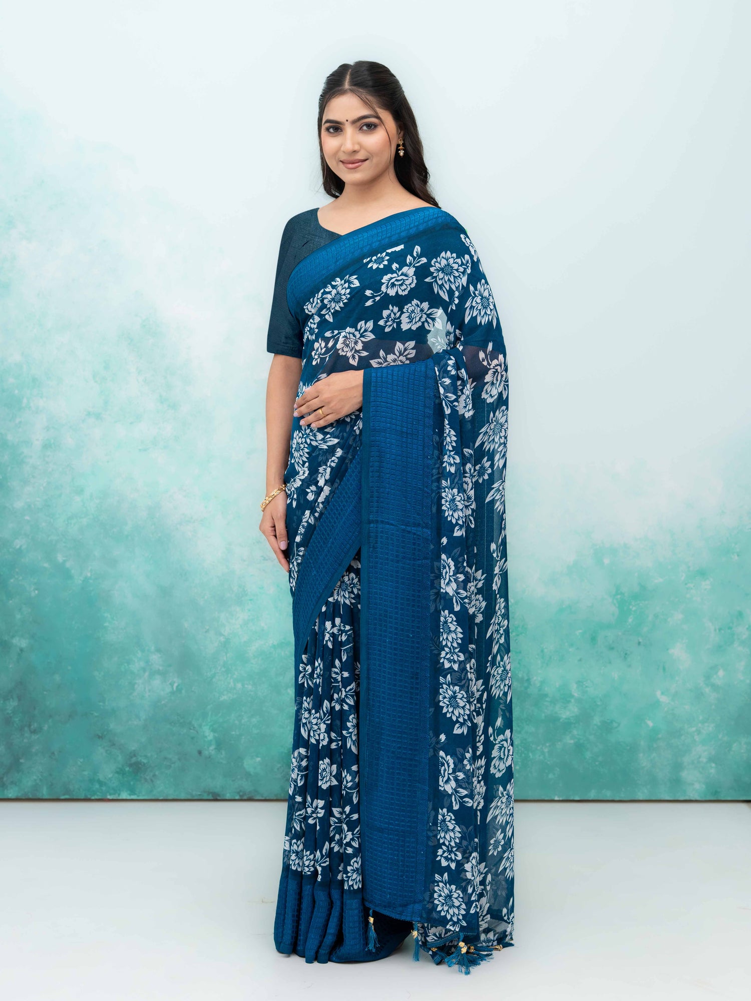 Teal Blue Georgette Saree