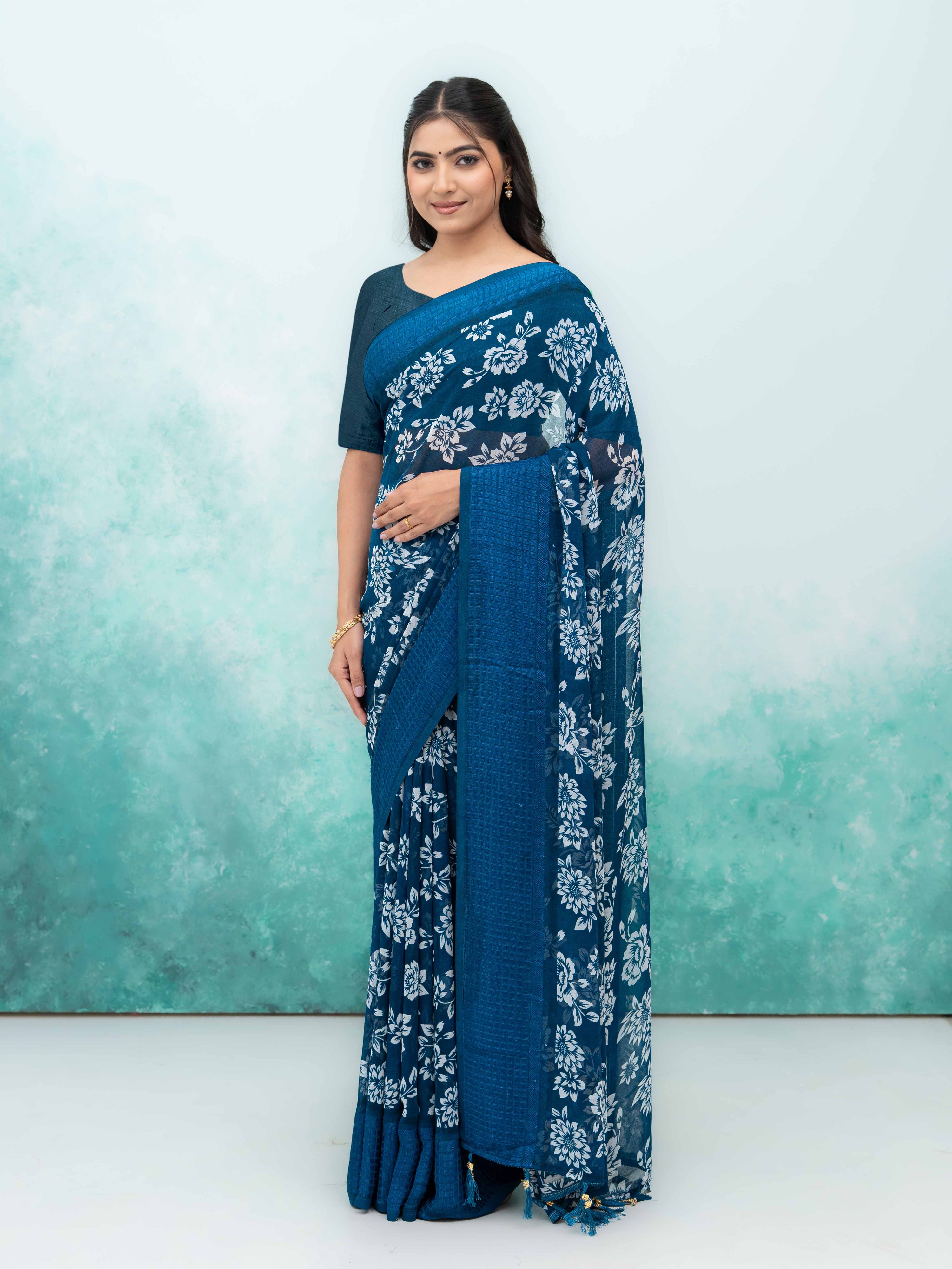 Teal Blue Georgette Saree