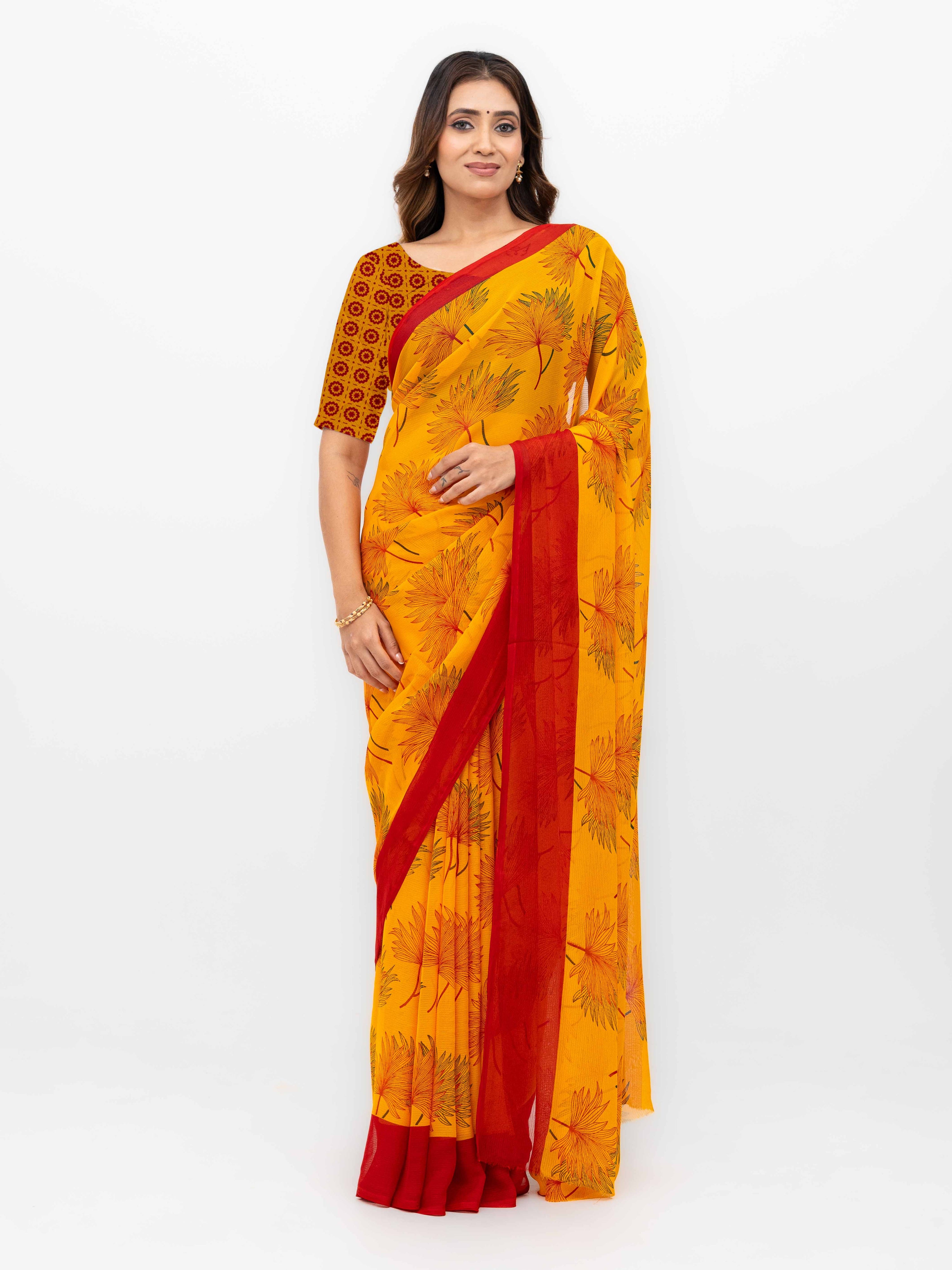 Orange &amp; Red Georgette Saree