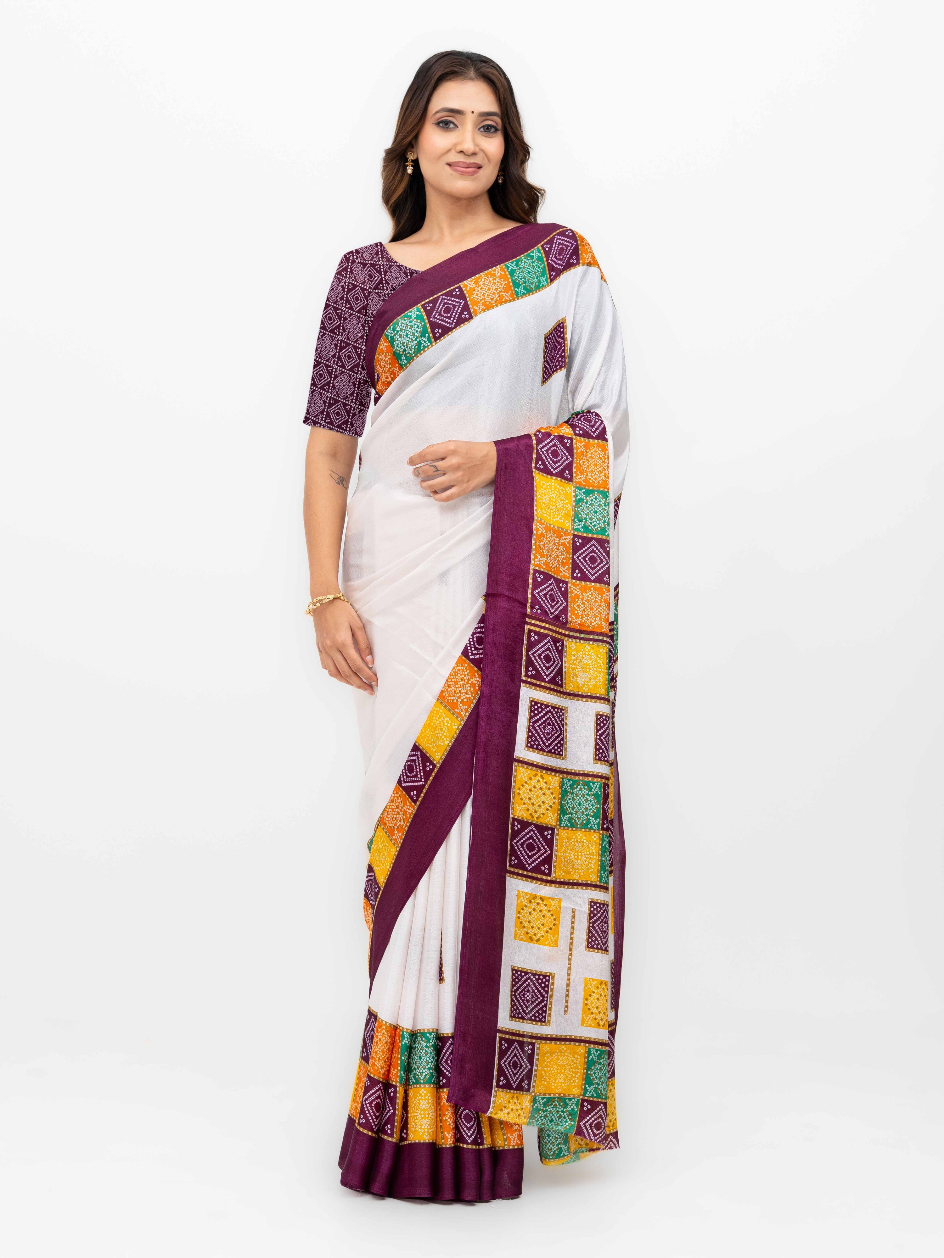 White With Maroon Art Silk Saree