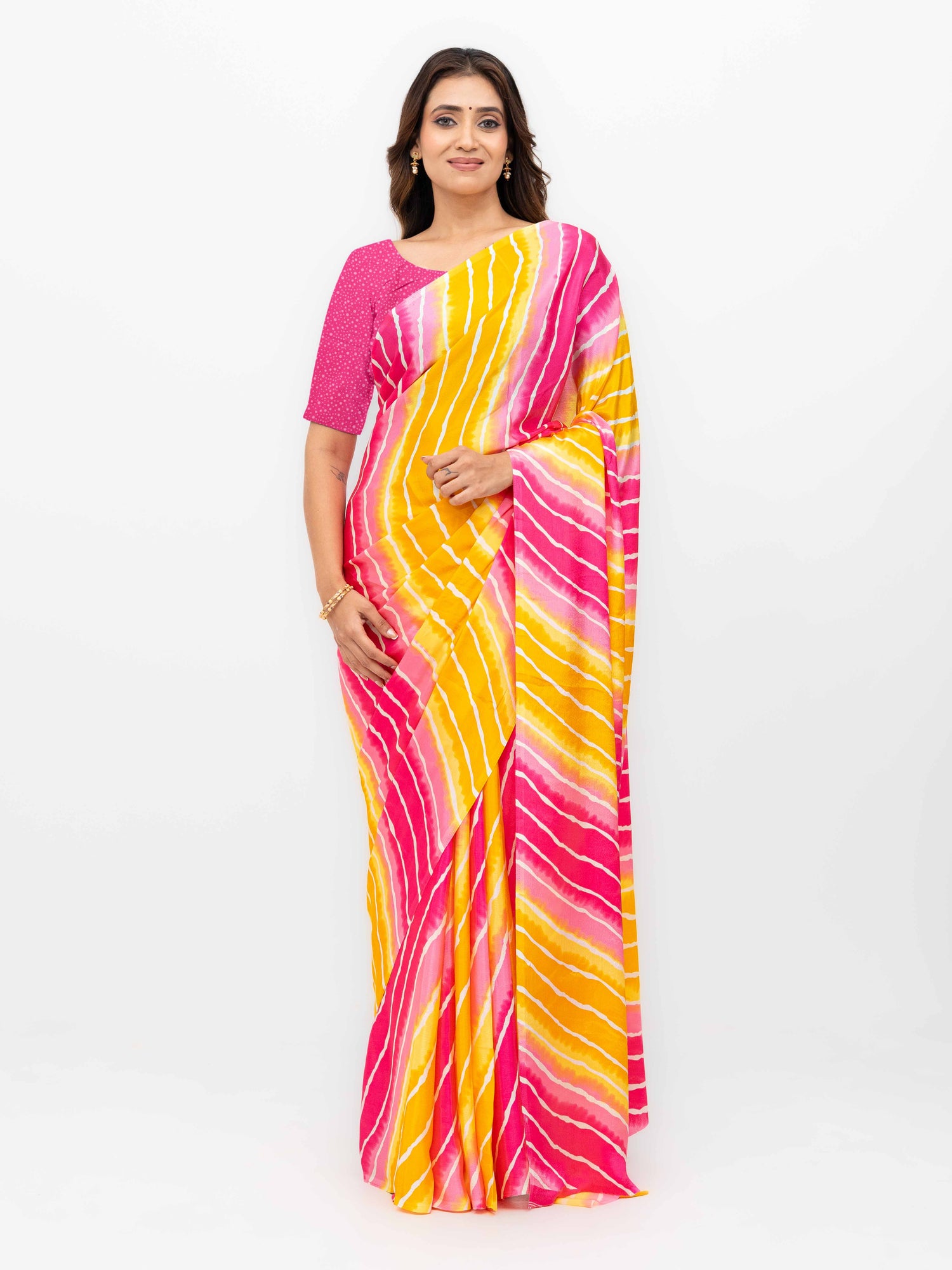 Pink &amp; Yellow Coral Silk Saree