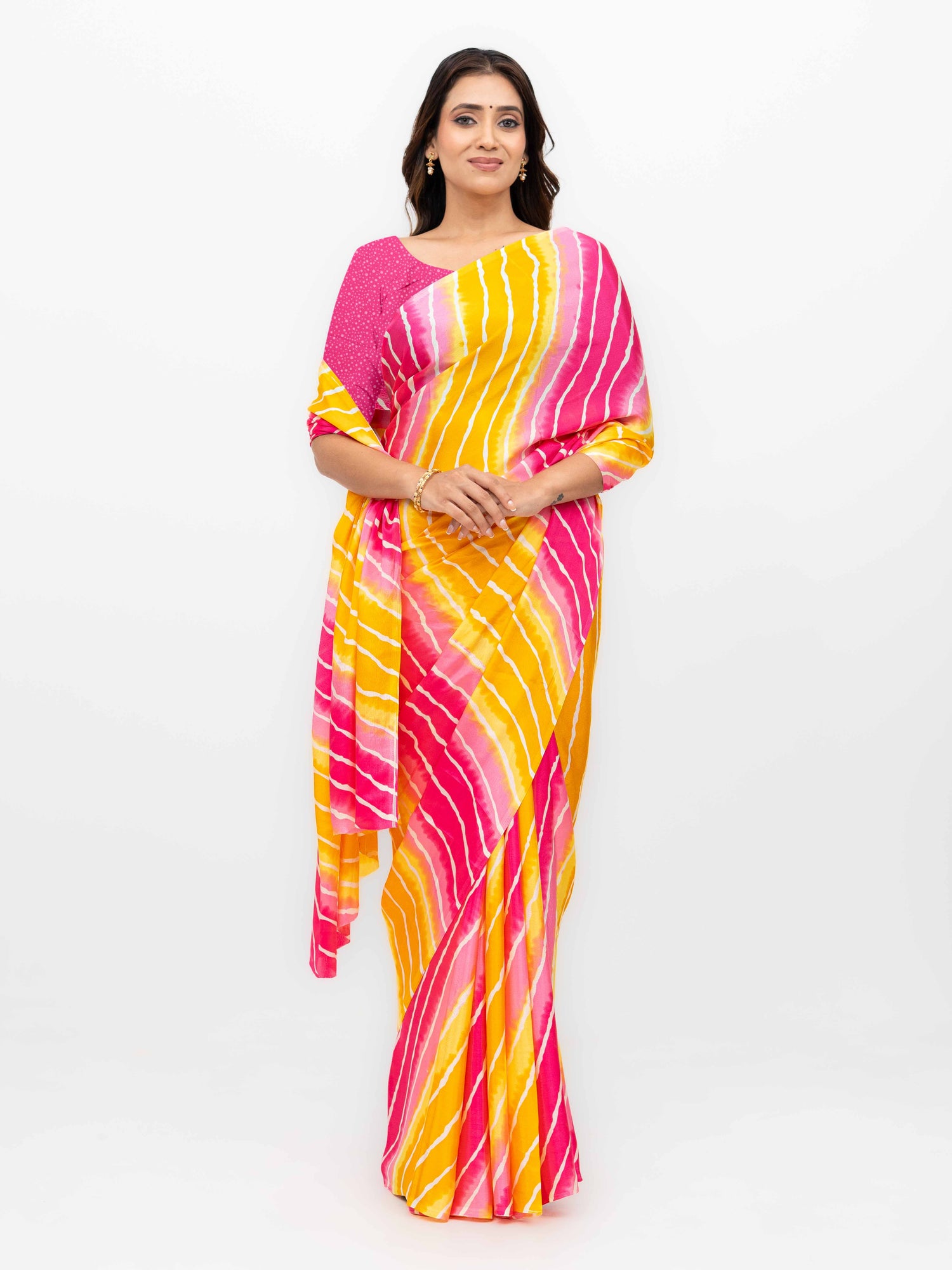 Pink &amp; Yellow Coral Silk Saree
