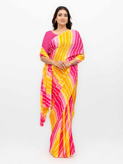 Pink &amp; Yellow Coral Silk Saree