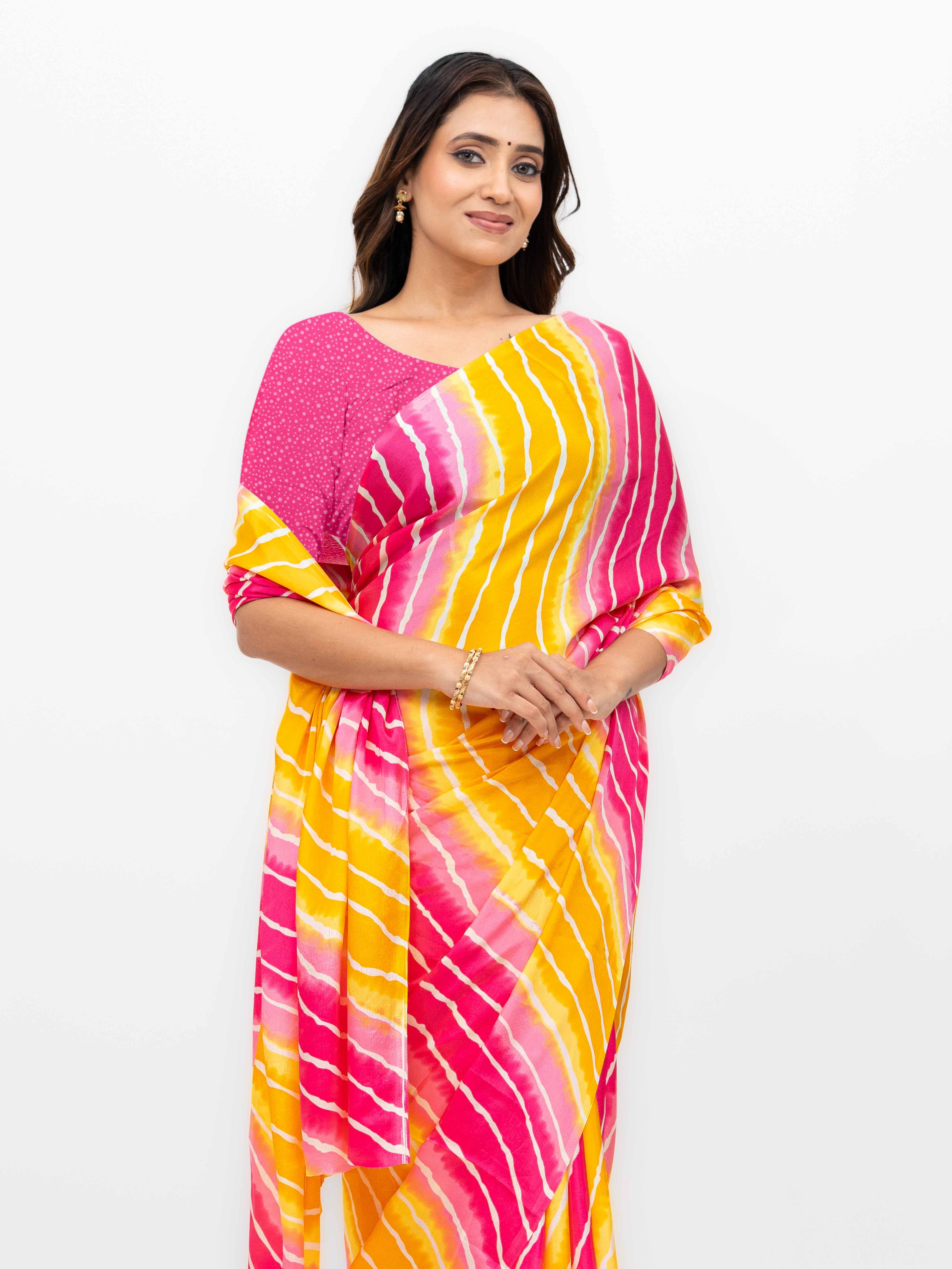 Pink &amp; Yellow Coral Silk Saree