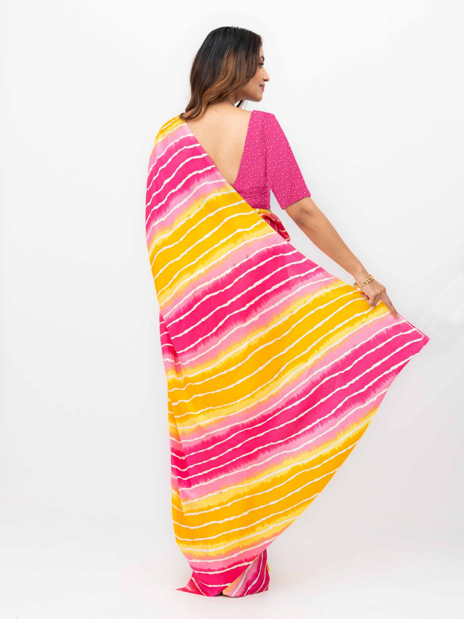 Pink &amp; Yellow Coral Silk Saree