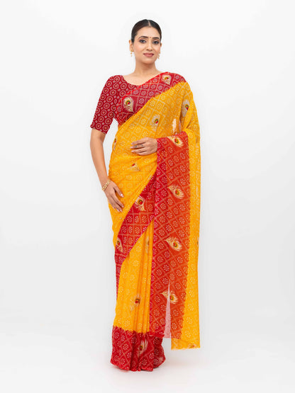 Yellow With Red Georgette Saree