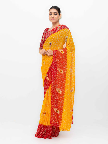 Yellow With Red Georgette Saree