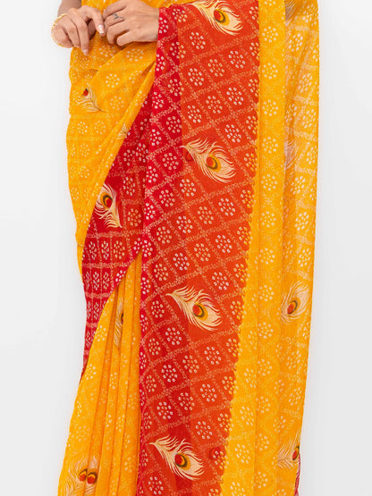 Yellow With Red Georgette Saree