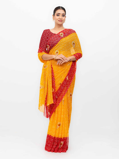 Yellow With Red Georgette Saree