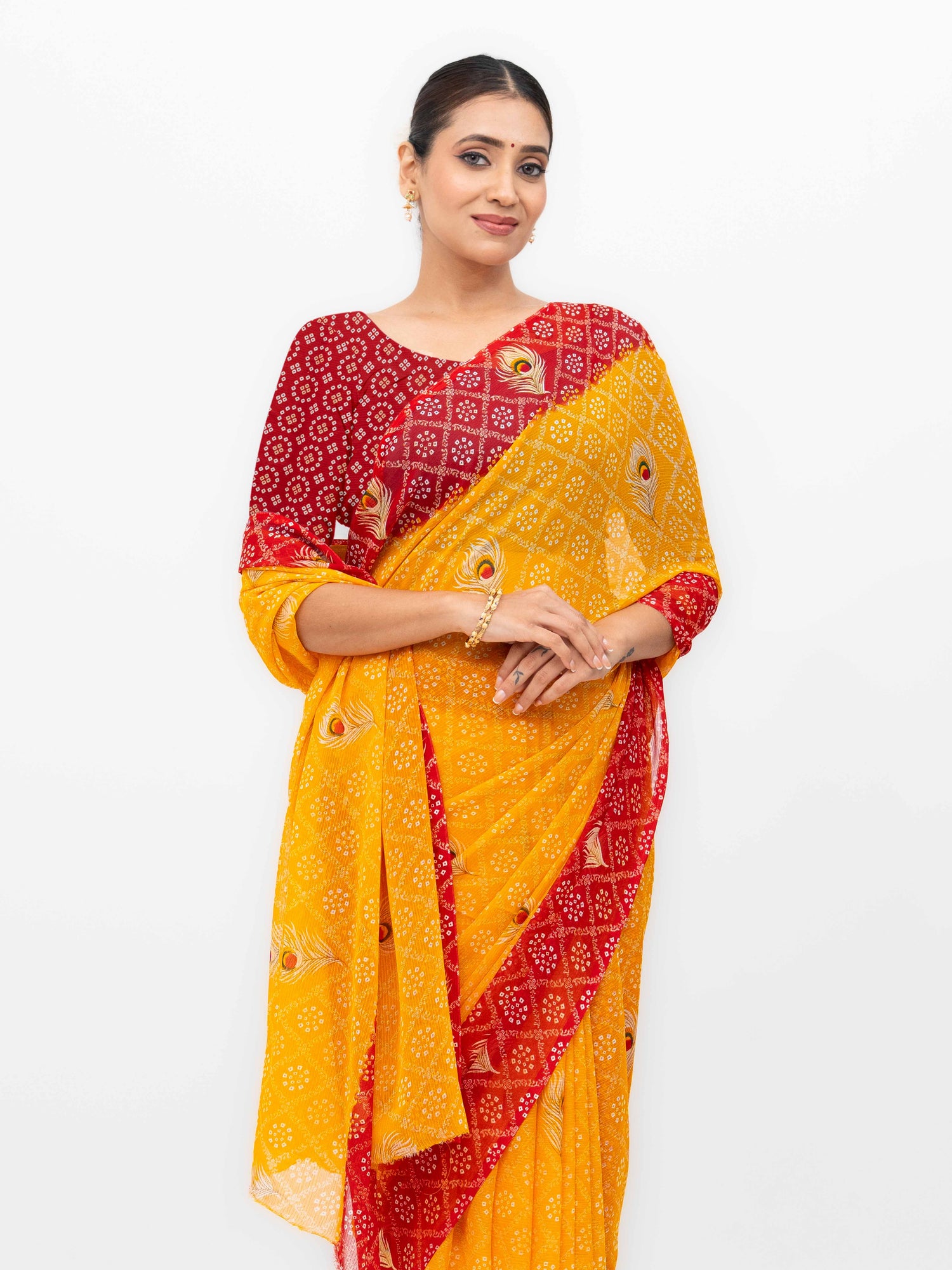 Yellow With Red Georgette Saree