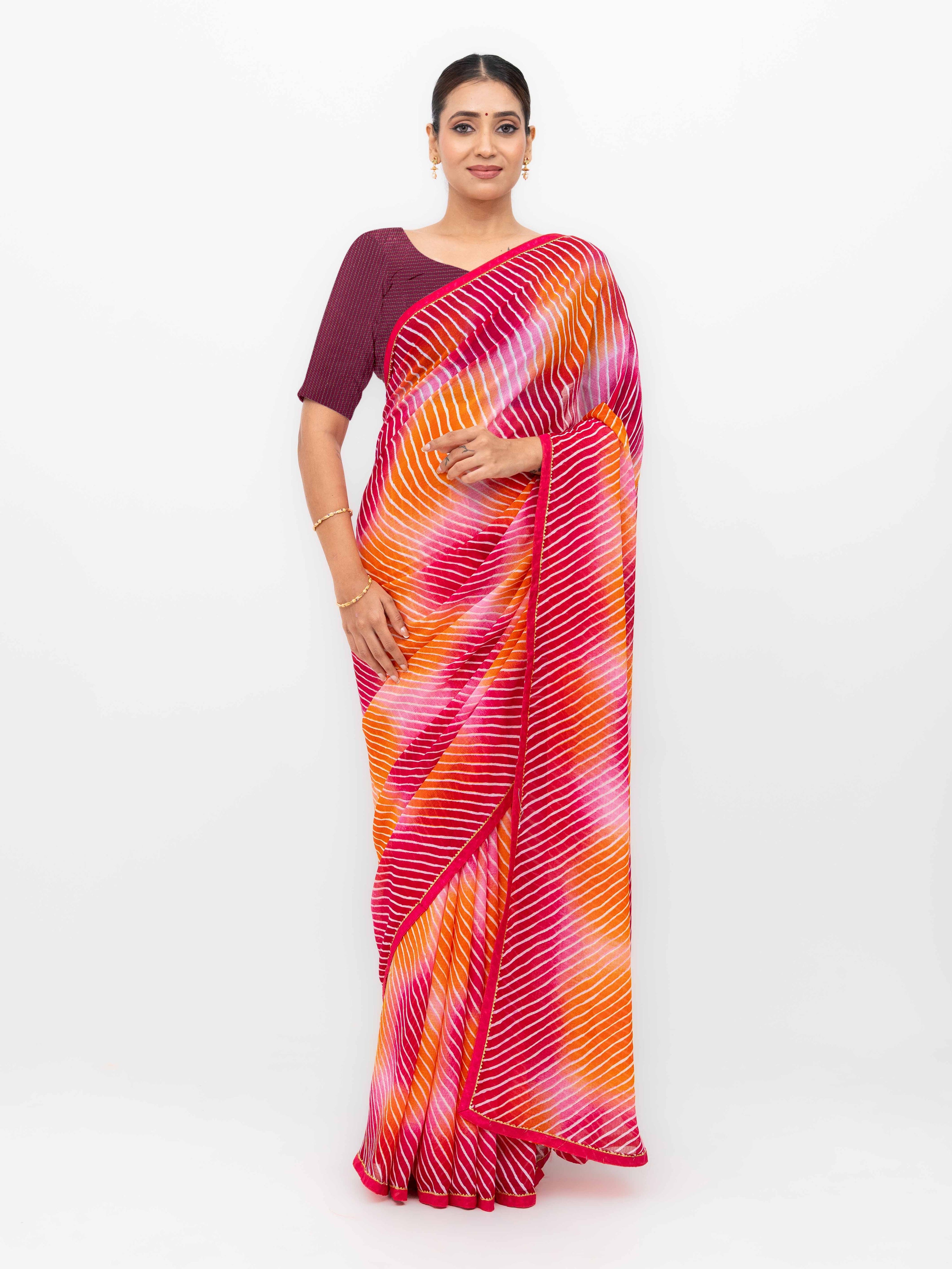Pink &amp; Red Georgette Leheriya Saree