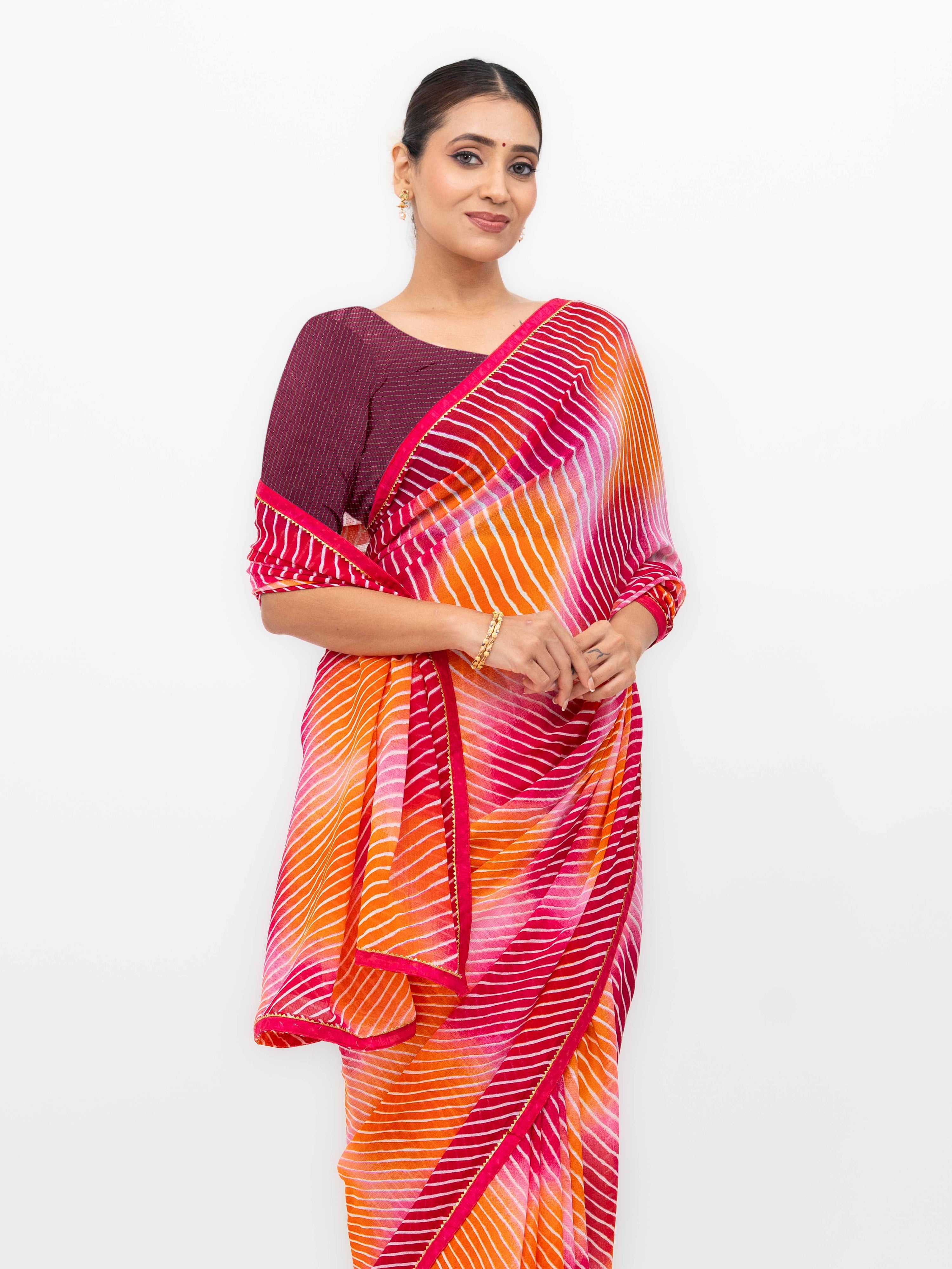 Pink &amp; Red Georgette Leheriya Saree