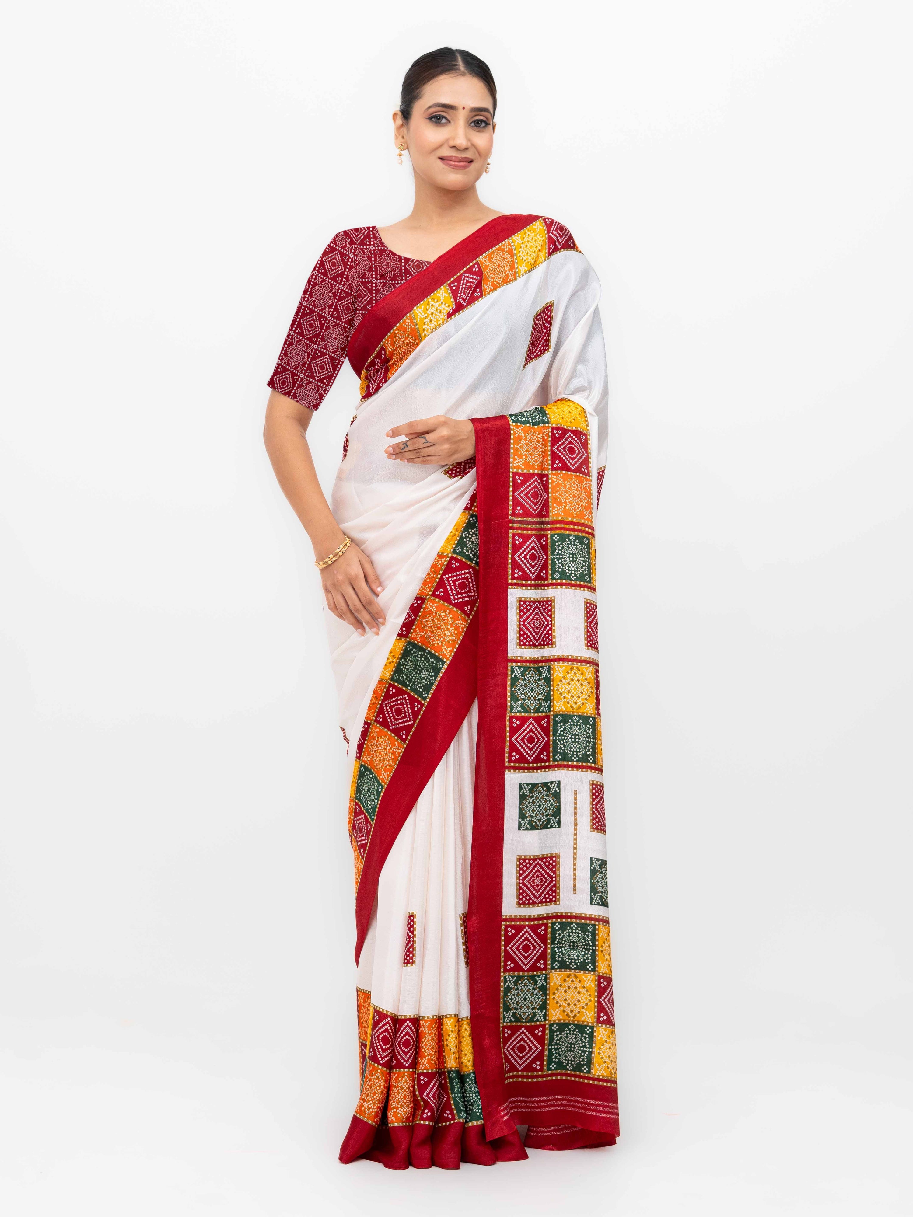 White With Maroon Art Silk Saree