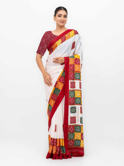 White With Maroon Art Silk Saree
