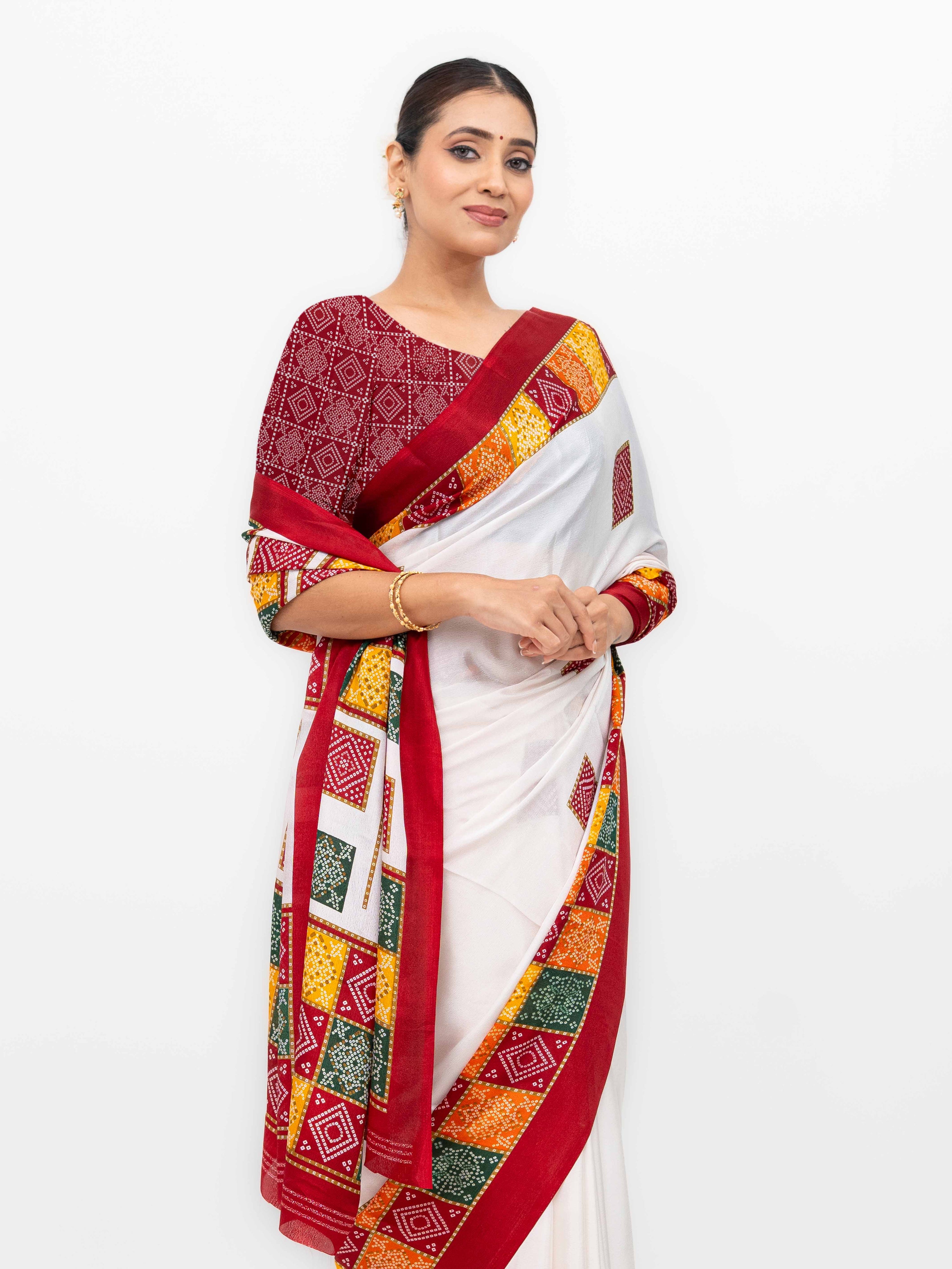 White With Maroon Art Silk Saree