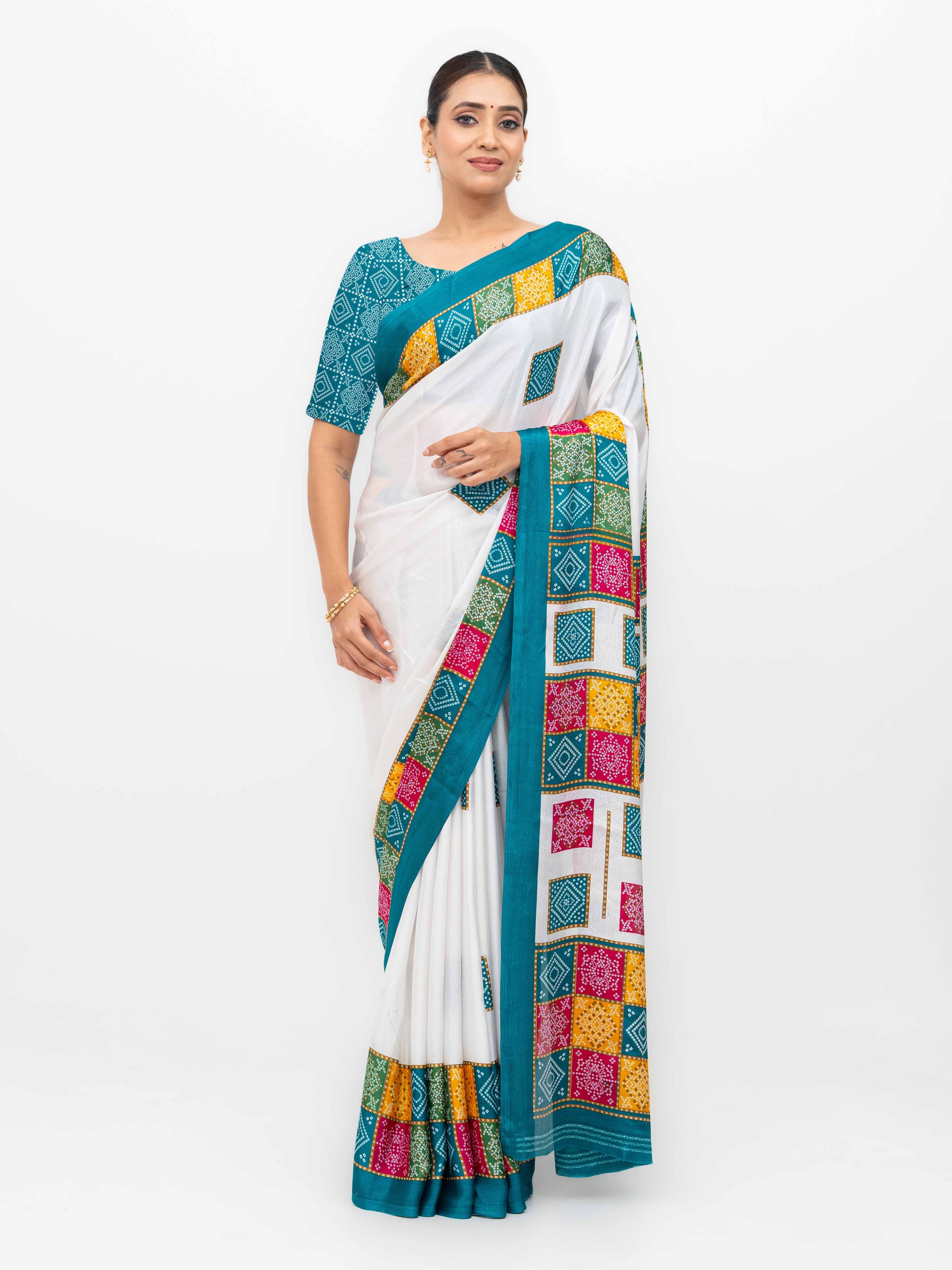 White With Teal Art Silk Saree