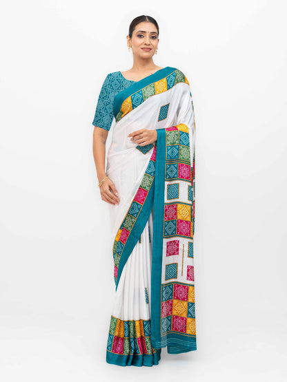White With Teal Art Silk Saree