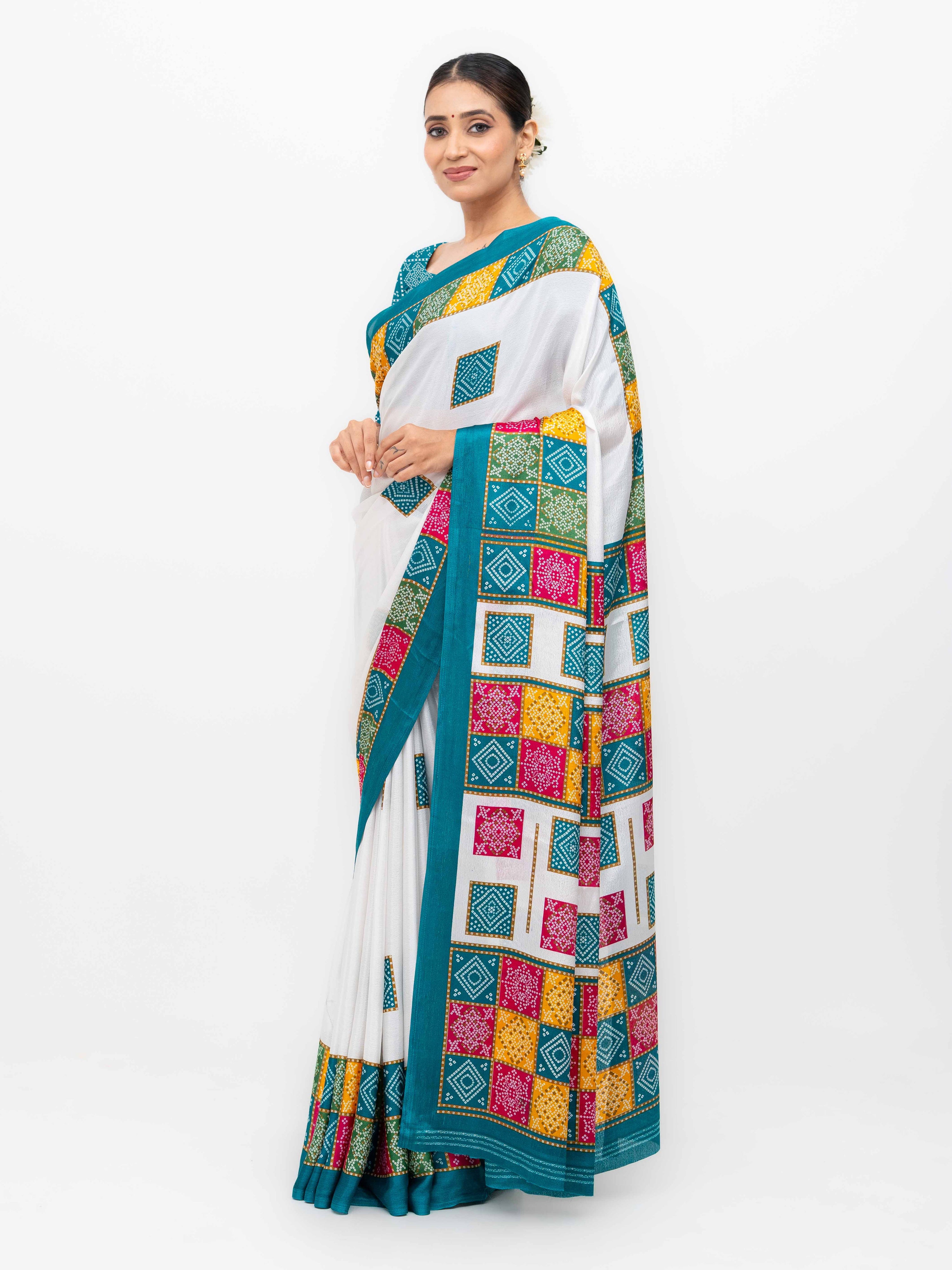 White With Teal Art Silk Saree