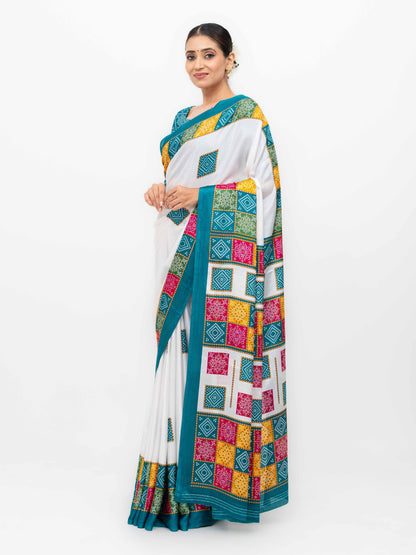 White With Teal Art Silk Saree