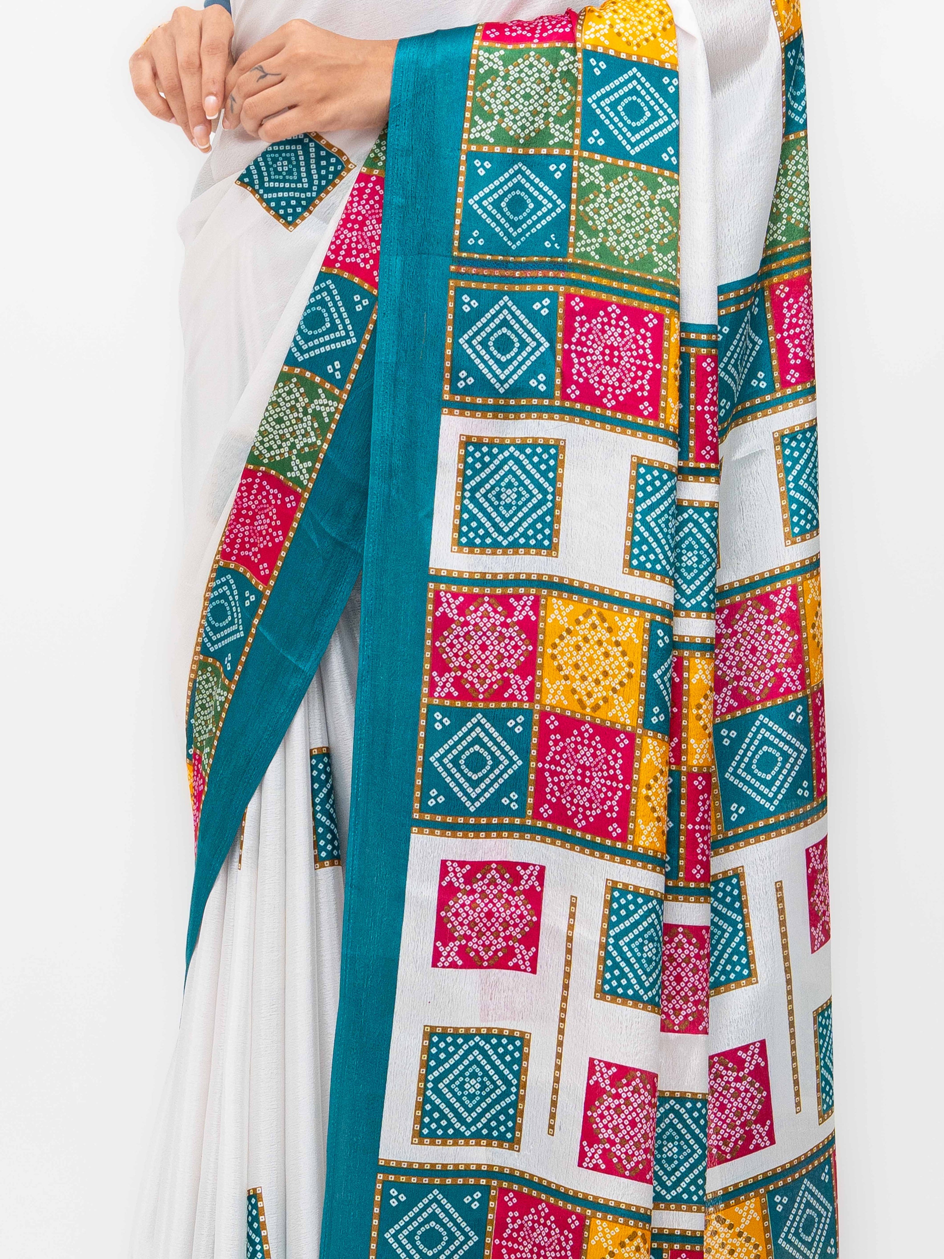 White With Teal Art Silk Saree