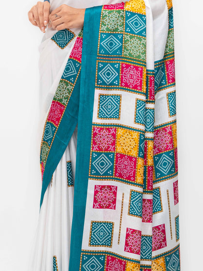 White With Teal Art Silk Saree