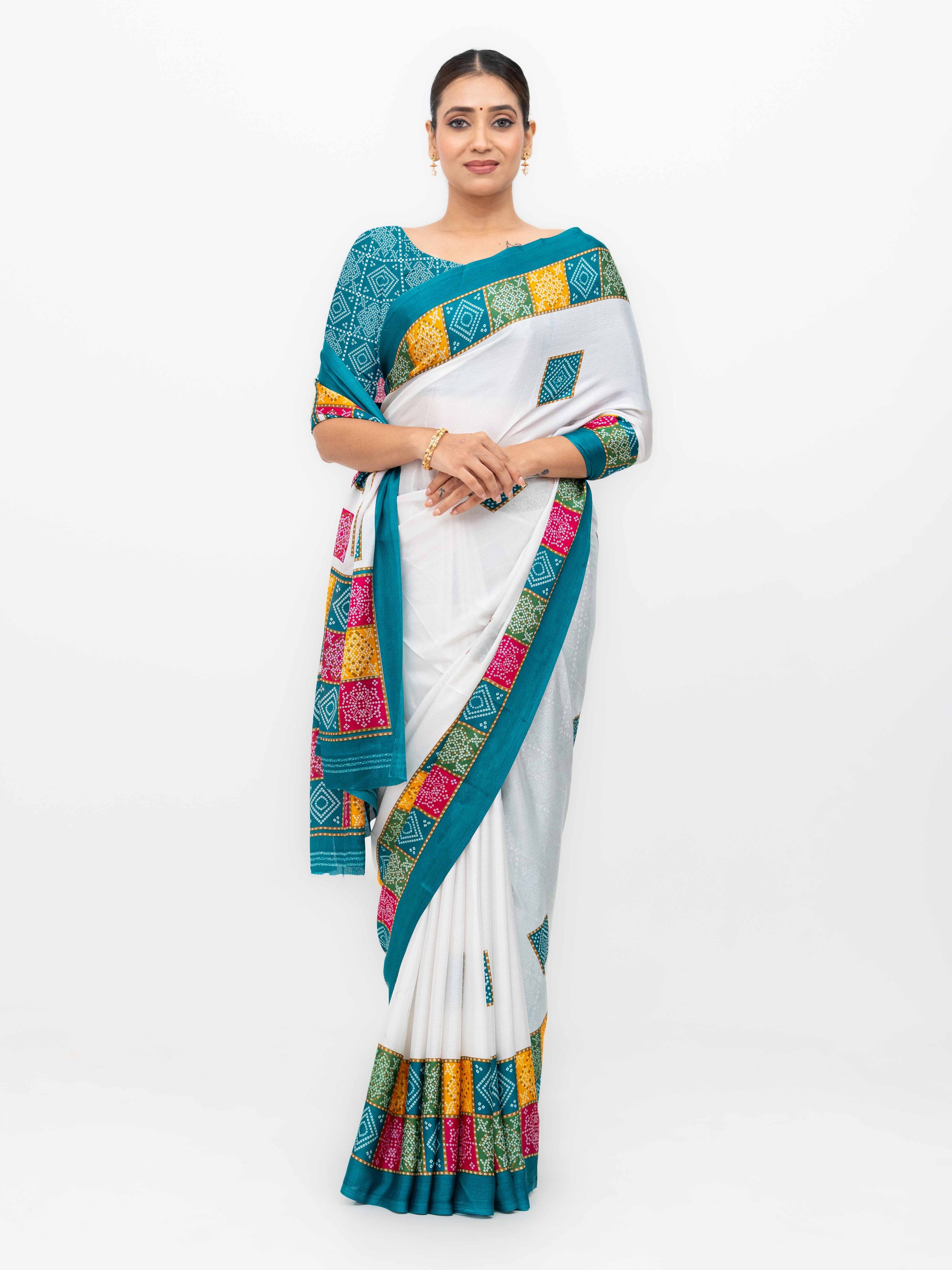 White With Teal Art Silk Saree
