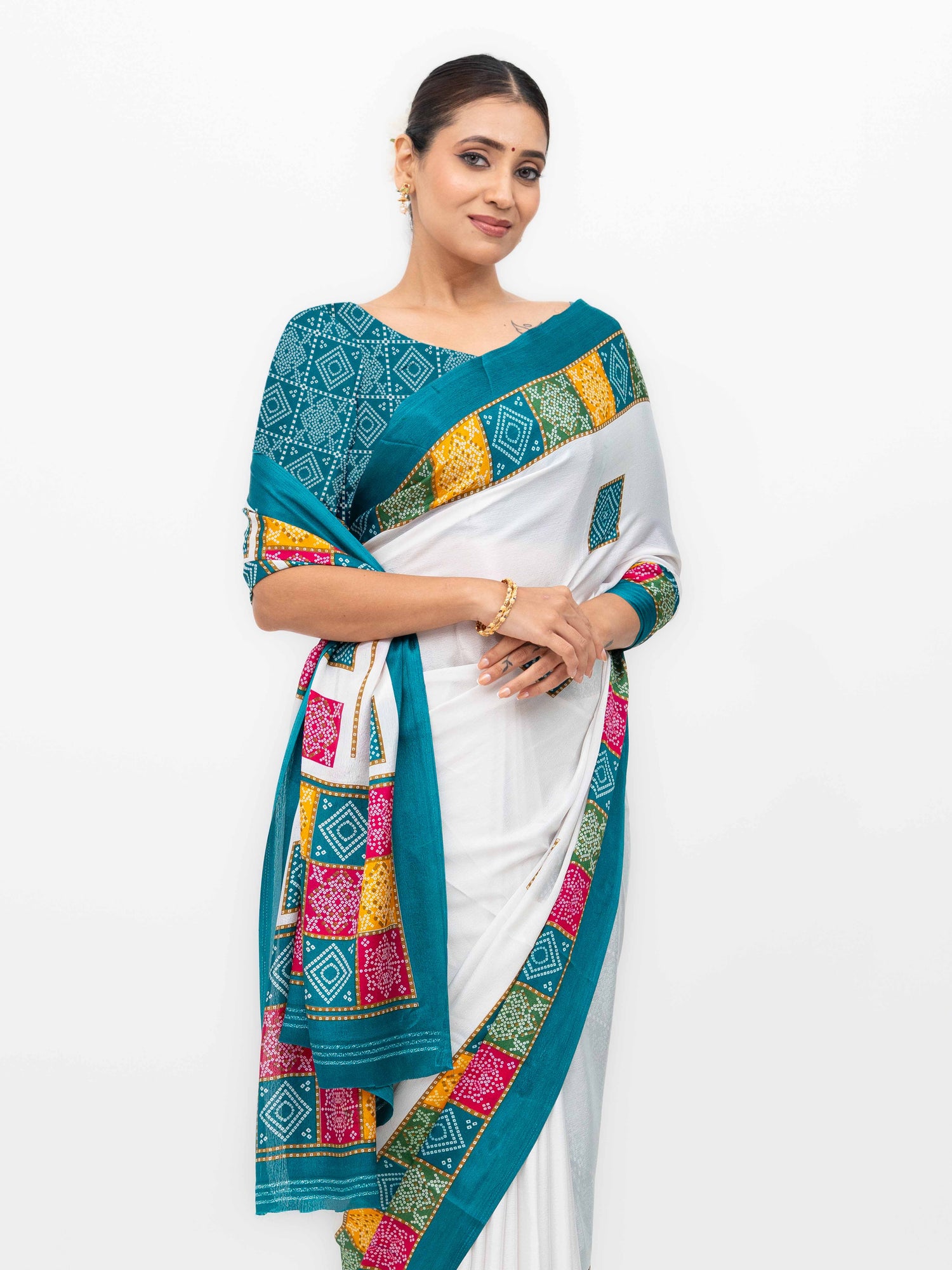 White With Teal Art Silk Saree