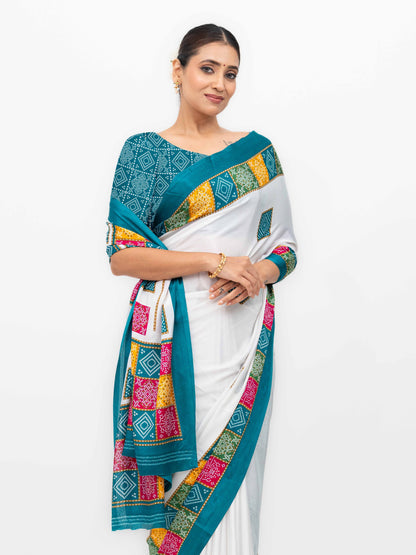 White With Teal Art Silk Saree