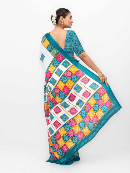 White With Teal Art Silk Saree