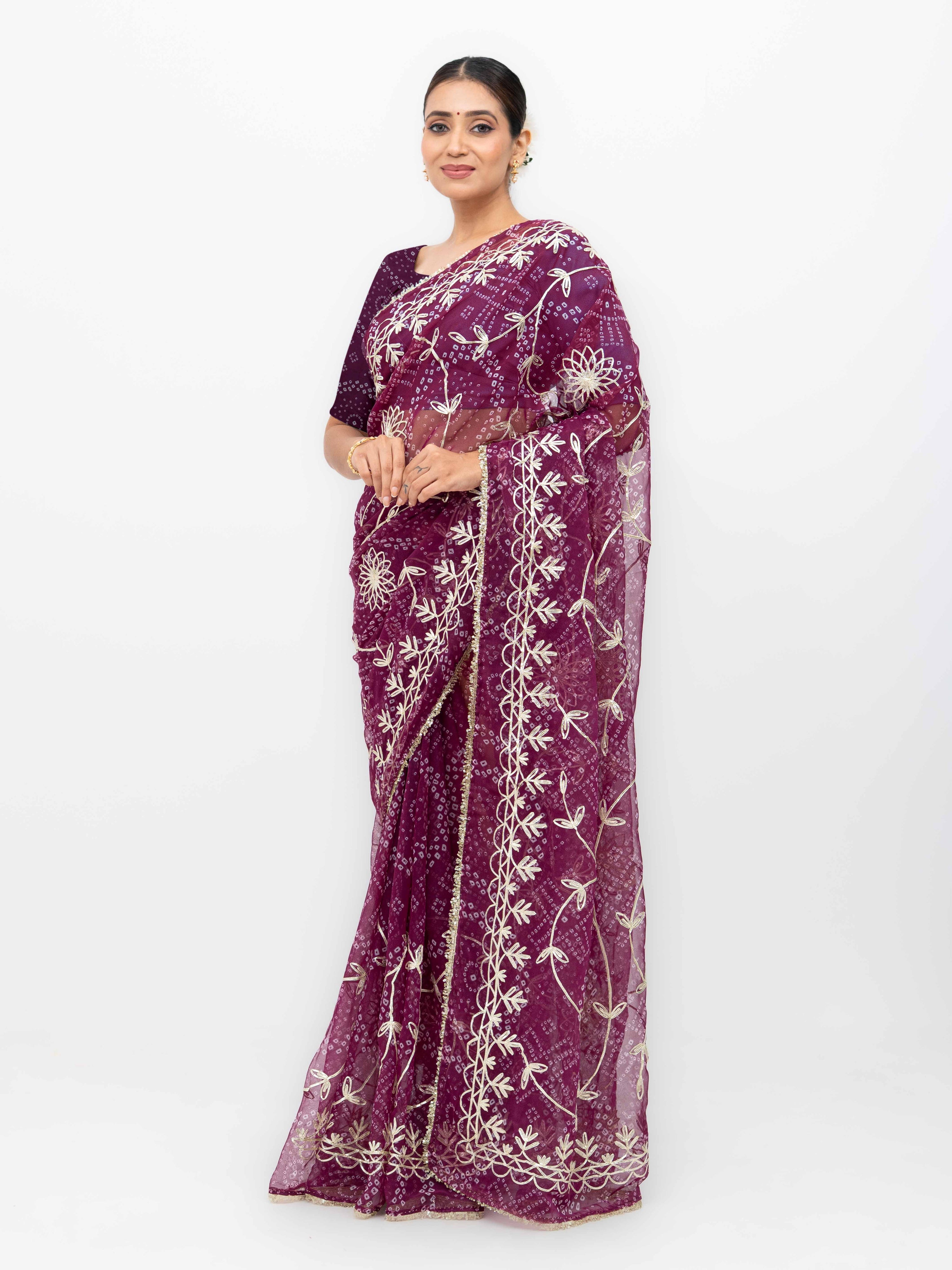 Wine Pure Georgette Gotta Bandhej Saree