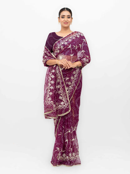 Wine Pure Georgette Gotta Bandhej Saree
