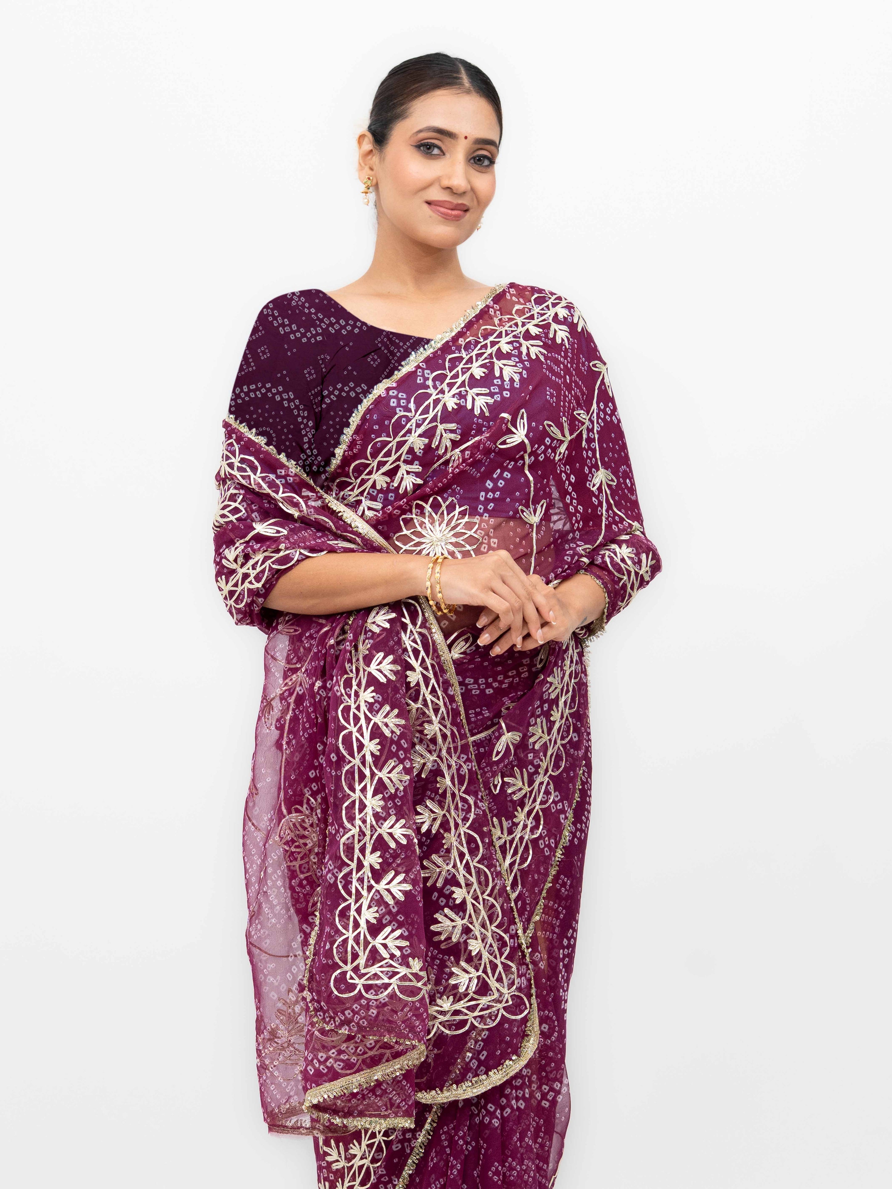 Wine Pure Georgette Gotta Bandhej Saree