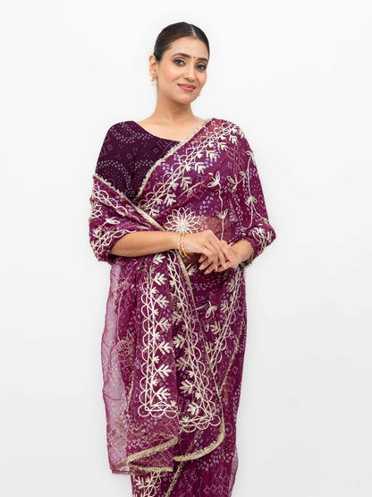 Wine Pure Georgette Gotta Bandhej Saree