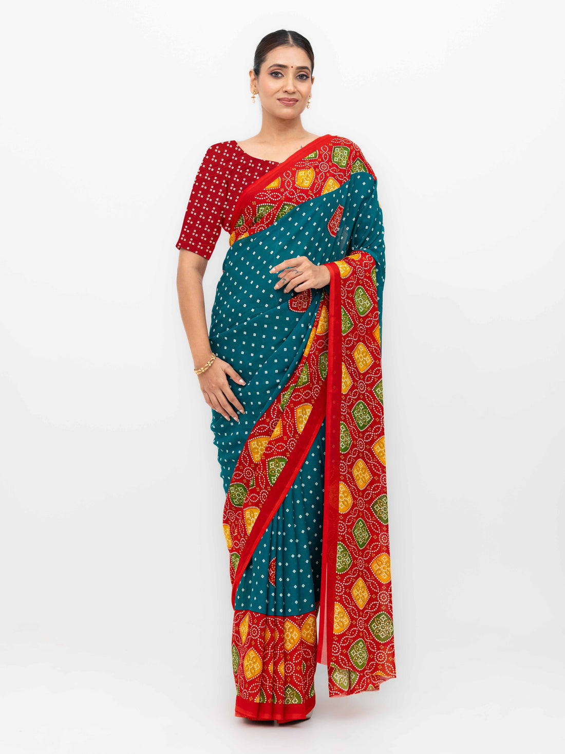 Teal blue Moss Bandhani Saree