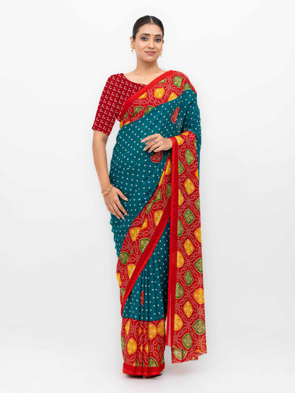 Teal blue Moss Bandhani Saree