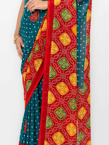 Teal blue Moss Bandhani Saree