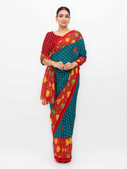 Teal blue Moss Bandhani Saree