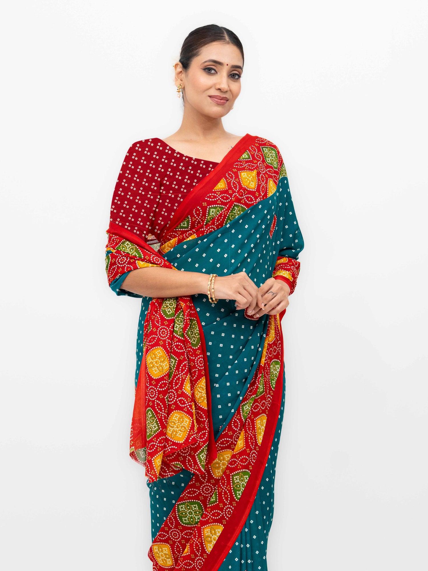 Teal blue Moss Bandhani Saree