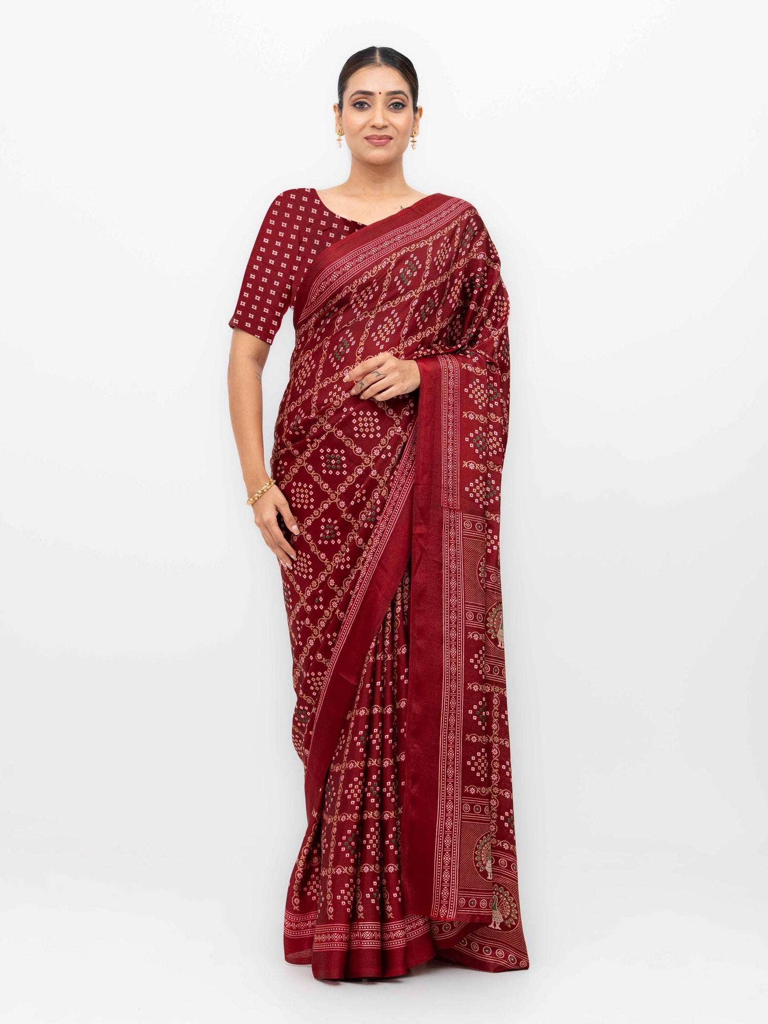Maroon Semi Crepe Bandhani Saree