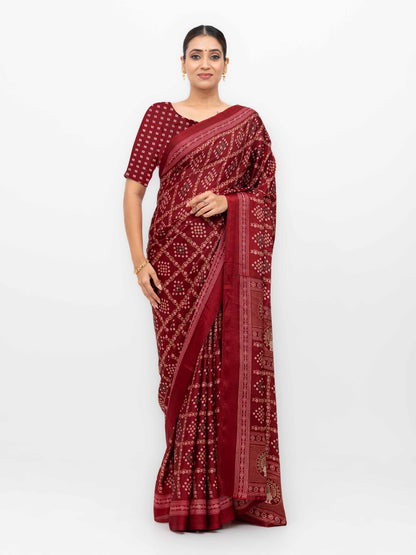 Maroon Semi Crepe Bandhani Saree