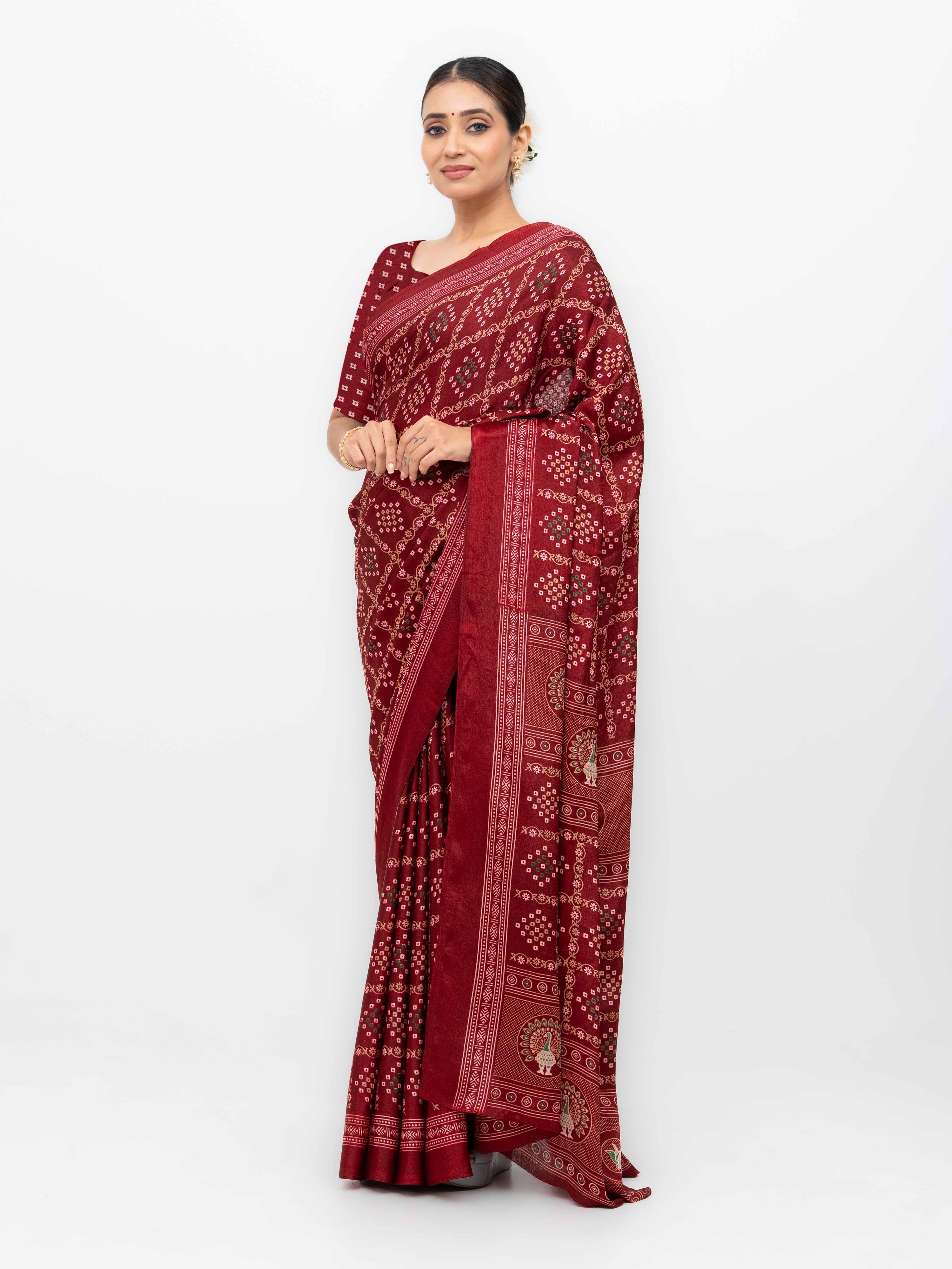 Maroon Semi Crepe Bandhani Saree