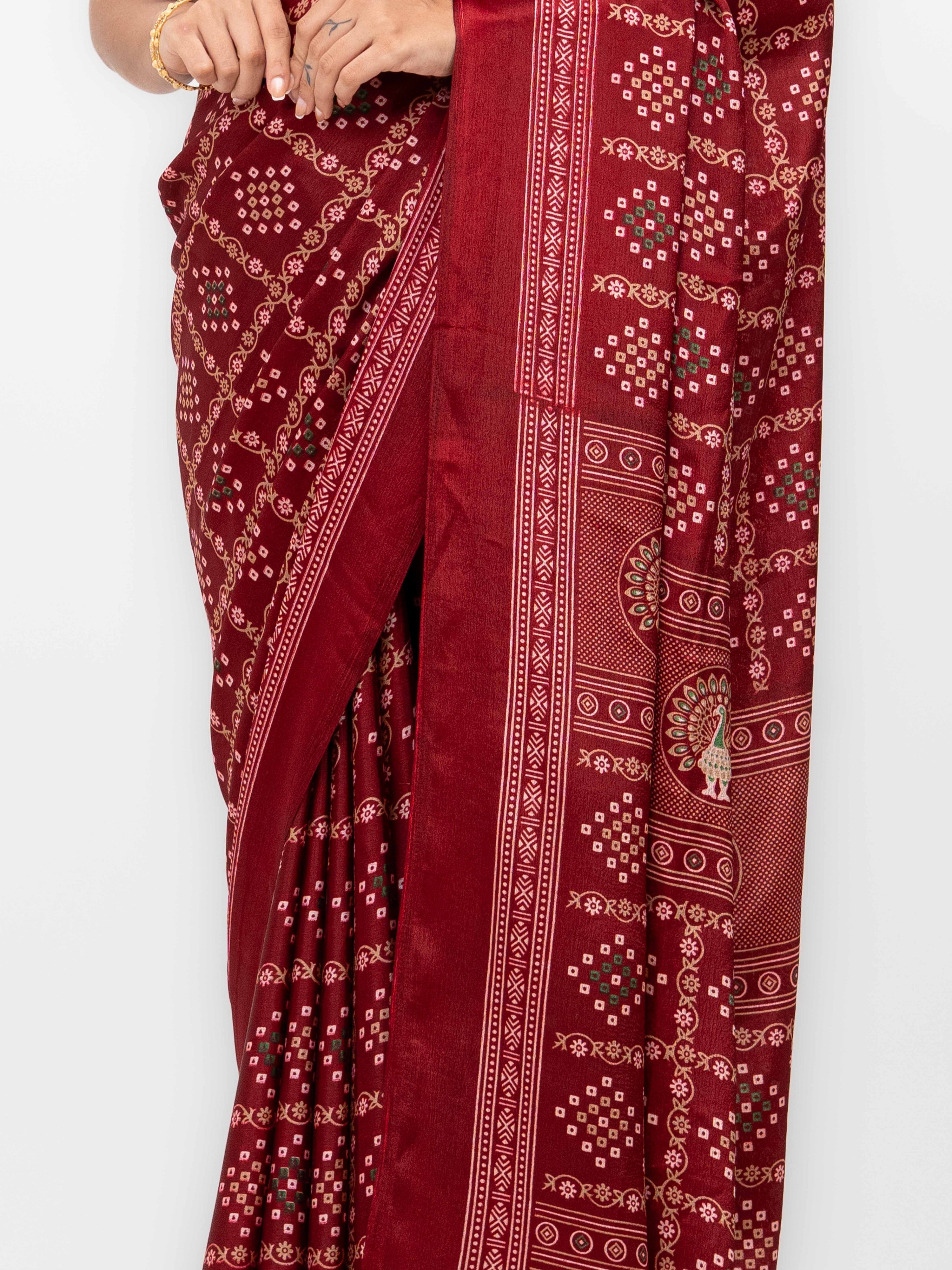 Maroon Semi Crepe Bandhani Saree