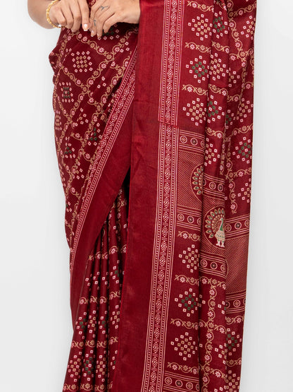 Maroon Semi Crepe Bandhani Saree