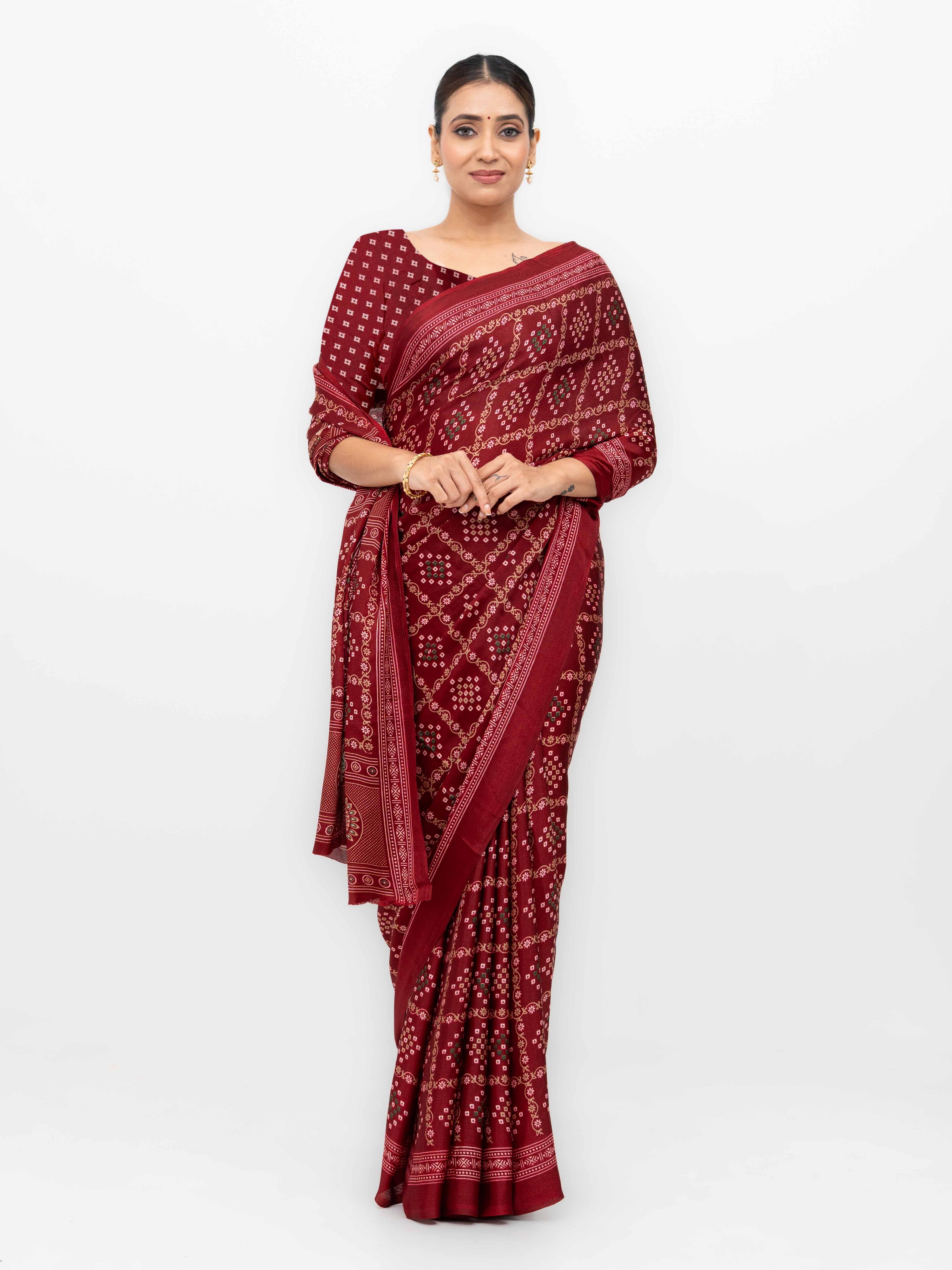 Maroon Semi Crepe Bandhani Saree
