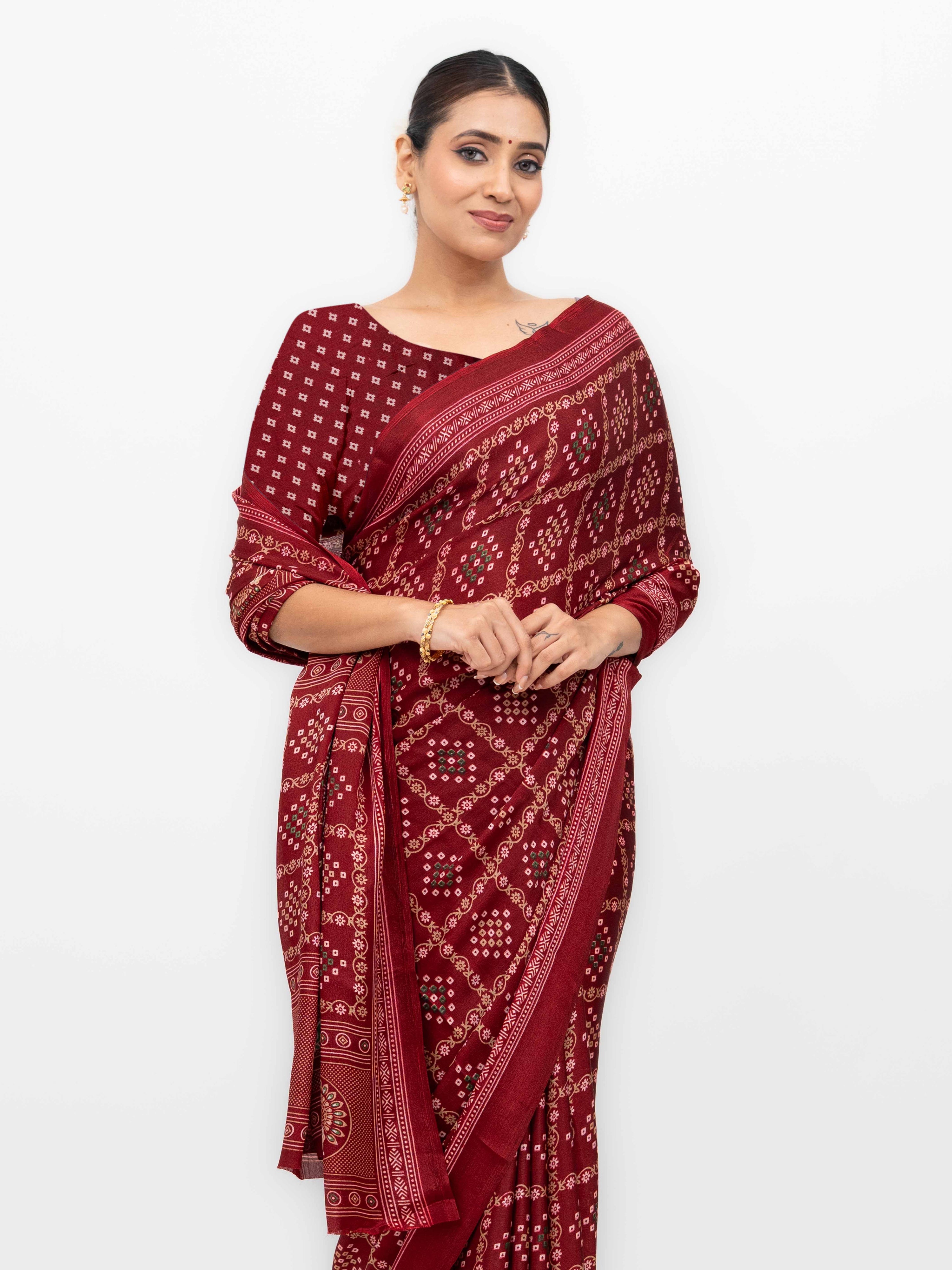 Maroon Semi Crepe Bandhani Saree