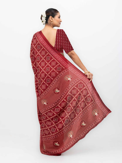Maroon Semi Crepe Bandhani Saree